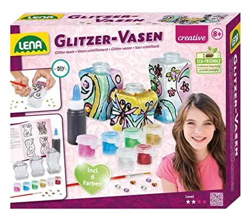 Produktbild: Lena 42693 Bastelset Glitzer-Vasen, Komplettset mit 3 kleinen Flacons aus Kunststoff, 6 glitzernden Farben, Malpinsel, Konturenpaste und Deko Steine, Glasmalerei Set für Kinder ab 8 Jahre, Schwarz