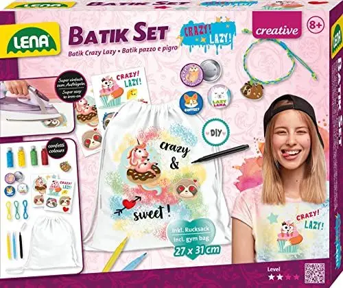 Produktbild: Lena 42706 Bastelset Batik Crazy & Lazy, DIY Rucksack, Komplettset mit Leinenrucksack 27 x 31 cm, 4 Konfetti-Batikfarben, 3 Textilstifte, Bügelfolien, Button Pins und Armband für Kinder, Mittel