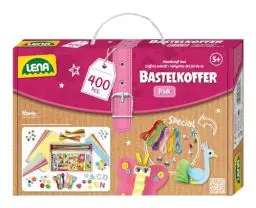 Produktbild: Lena 42714 Bastelkoffer Teile, Material zum Basteln mit Buntem Papier, Moosgummi, Pfeifenreiniger, Strasssteine, Wackelaugen, Pompons, Knöpfe und mehr, für Kinder ab 5 Jahre, 400er Pink & Lila