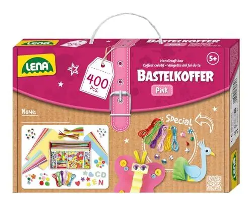 Produktbild: Lena 42714 Bastelkoffer Teile, Material zum Basteln mit Buntem Papier, Moosgummi, Pfeifenreiniger, Strasssteine, Wackelaugen, Pompons, Knöpfe und mehr, für Kinder ab 5 Jahre, 400er Pink & Lila