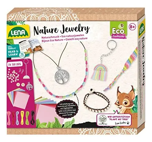 Produktbild: Lena 42834 - Eco Bastelset Natur-Juwelen, Schmuckbastel Set mit 2 Armbändern mit Perlen, 2 Ketten mit Anhänger und 3 Schlüsselanhänger, Begleitheft Plant my Tree, Papierbasteln für Kinder ab 8 Jahren