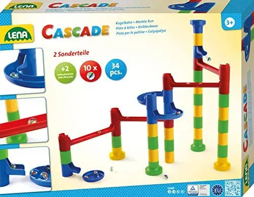 Produktbild: Lena 65289 Cascade Kugelbahn Curve, Murmelbahn zum Zusammenbauen, Baukasten mit 32 Bahnelementen, 2 Kurventeilen und 10 Glasmurmeln, Motorik und Konstruktionsspielzeug für Kinder ab 3 Jahre, bunt