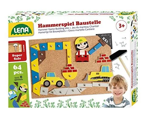 Produktbild: Lena 65828 Hammerspiel, Nagelspiel mit 64 bunten 8 Baustellen Teilen, Grundplatte aus Kork ca. 28 x 19,5 cm, Hammer und Nägel, Klopfspiel für Kinder ab 3 Jahre, Hämmerchenspiel, Mehrfarbig