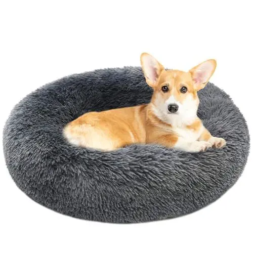 Produktbild: LENAUQ Plüsch Donut Hundebett, Beruhigendes rundes Hundekatzenbett Waschbar Kunstpelz Donut Kuscheltierkissen Selbstwärmende Welpen Betten mit Anti-Rutsch Boden für Hunde Katzen (Durchmesser 60cm)