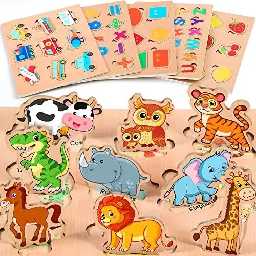 Produktbild: lenbest 6er Set Kinder Holzpuzzle - Montessori Spielzeug - Tier Alphabet Nummer Fahrzeuge Form Frucht Holzspielzeug - Puzzle Steckpuzzle Lernspielzeug Kinderspielzeug 2 3 Jahre - Ostern Geschenke