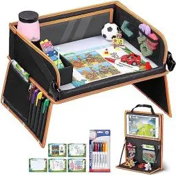 Produktbild: lenbest Doppelfunktion Kinder Reisetisch, Knietablett Reisetisch（Auto Rückenlehnenschutz） mit Transparenter Zeichnungsfilm, 5 Zeichnungsplatten und 6 Farbpens - Schwarzes/Orange