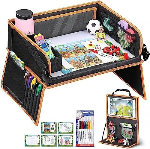 Produktbild: lenbest Doppelfunktion Kinder Reisetisch, Knietablett Reisetisch（Auto Rückenlehnenschutz） mit Transparenter Zeichnungsfilm, 5 Zeichnungsplatten und 6 Farbpens - Schwarzes/Orange
