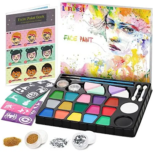 Produktbild: lenbest Kinderschminke Set - Schminke Kinder 17 Farben Glitzer Pinsel Make Up Schwamm Schablonen - Faschingsschminke Theaterschminke Karnevalsschminke - Halloween Fasching Karneval Schminke Kinder
