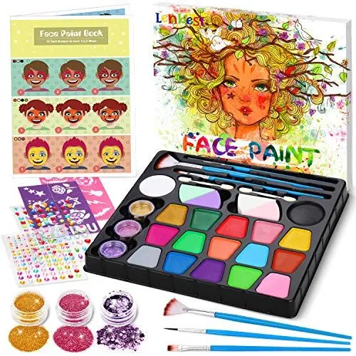 Produktbild: lenbest Kinderschminke Set - Schminke Kinder 17 Farben Glitzer Pinsel Schablonen - Halloween Schminke Faschingsschminke Theaterschminke Karnevalsschminke - Halloween Fasching Karneval Schmink Kinder