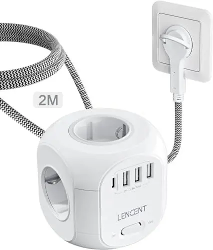 Produktbild: LENCENT 4 Fach Steckdosenleiste Flachstecker Steckdosenwürfel Mehrfachsteckdose 8 in 1 Cube Steckdose Steckerleiste mit 3 USB&1 Typ-C, Mehrfachstecker mit 2 Meter Geflochtenem Kabel für Wandsteckdose