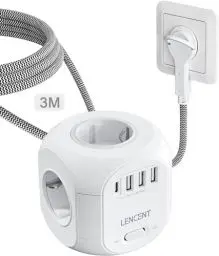 Produktbild: LENCENT 4 Fach Steckdosenleiste Flachstecker Steckdosenwürfel Mehrfachsteckdose 8 in 1 Cube Steckdose Steckerleiste mit 3 USB&1 Typ-C, Mehrfachstecker mit 3 Meter Geflochtenem Kabel für Wandsteckdose