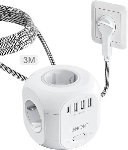 Produktbild: LENCENT 4 Fach Steckdosenleiste Flachstecker Steckdosenwürfel Mehrfachsteckdose 8 in 1 Cube Steckdose Steckerleiste mit 3 USB&1 Typ-C, Mehrfachstecker mit 3 Meter Geflochtenem Kabel für Wandsteckdose