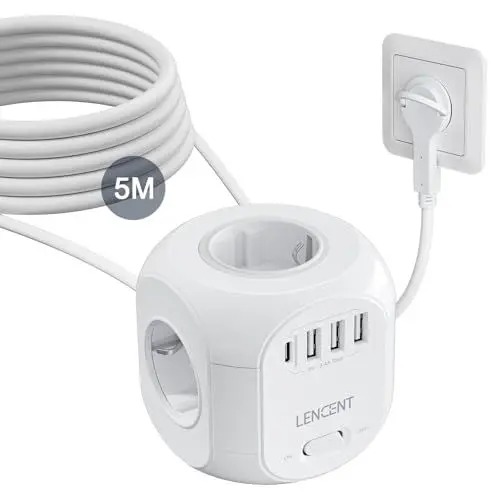 Produktbild: LENCENT 4 Fach Steckdosenleiste Flachstecker Steckdosenwürfel Mehrfachsteckdosen 8 in 1 Cube Steckdose Steckerleiste mit 3 USB, 1 Typ-C, Mehrfachstecker mit 5 Meter Kabel für Wandsteckdose
