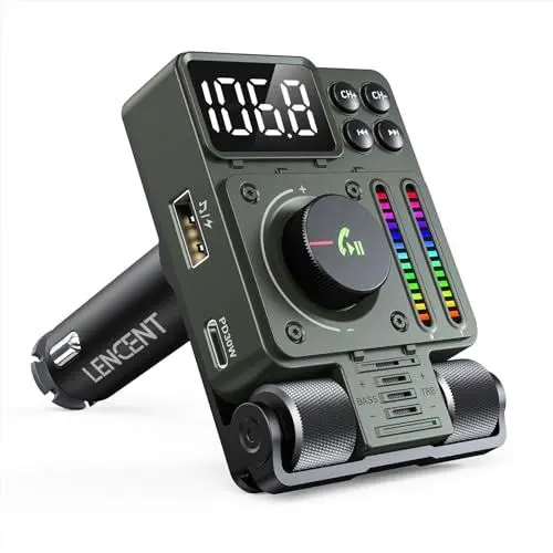 Produktbild: LENCENT Bluetooth 5,3 Auto FM Transmitter,Bluetooth Transmitter Auto Adapter, Unterstützt PD30W Schnellladung Zigarettenanzünder Autoladegerät, Freisprechen, Siri Google Assistant