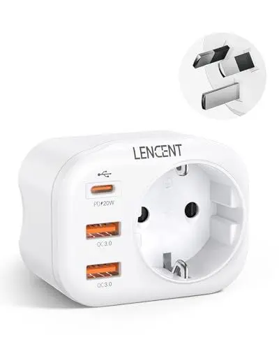 Produktbild: LENCENT Reiseadapter AU CN Netzadapter Australien China Deutschland Stecker, mit 2 USB QC3,0+1 Typ-C PD Ports, Typ I Reisestecker Stromadapter für Australia China Neuseeland Argentinien Steckdose