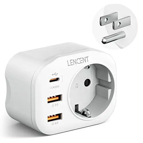 Produktbild: LENCENT Reiseadapter Netzadapter USA Adapter Amerika Deutschland Stecker, mit 2 USB QC3,0 + 1 Typ-C PD Anschlüße, Typ B Reisestecker Stromadapter für USA Amerika Kanada Mexiko Steckdose