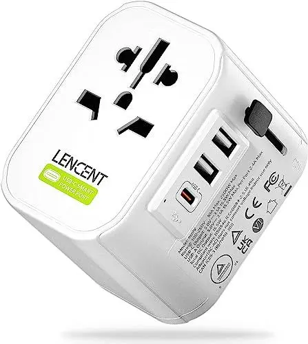 Produktbild: LENCENT Reiseadapter Reisestecker Weltweit 2-Pin EU Steckdose 2500W auf 3-Pol mit USB-C & 2 USB-A Internationale Reiseadapter Travel Adapter Weltstecker für USA UK England Australien Europa