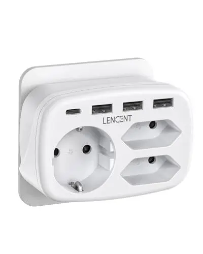 Produktbild: LENCENT USB Steckdose 7 in 1 Mehrfachsteckdose Steckdosenadapter, 3 Fach Doppel Euro und 1 Schuko Mehrfachstecker mit 3 USB und USB-C Anschluss, Doppelstecker für Wand Steckdose, Polykarbonat