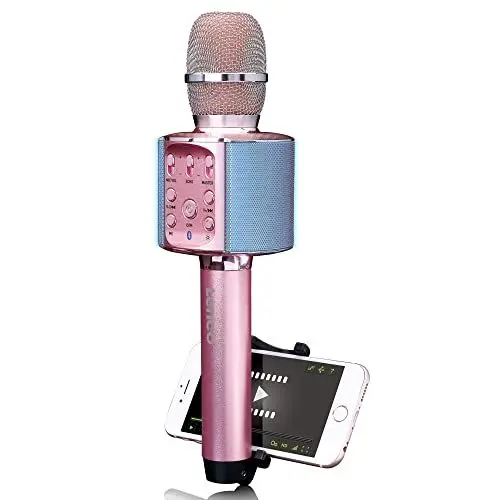Produktbild: Lenco BMC-090 - Karaoke Mikrofon - Bluetooth V4.2 - Mit Smartphone-Halterung - 5 Watt RMS - LED Lichteffekte - integrierter Akku mit 1200mAh – Android und iOS - Rosa
