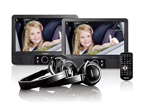 Produktbild: Lenco 9-Zoll Tragbarer DVD-Player MES-415 mit Doppel-Bildschirm - USB und SD Anschluss - 12 Volt Kfz Adapter - Fernbedienung - 2 x Kopfstützenbefestigung - 2 x Kopfhörer - Schwarz