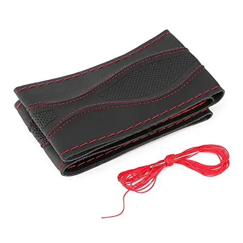 Produktbild: Lenkradbezug, 38 cm Lenkradbezug, Handnähte, Prägung mit Nadel und Faden, Universal-Leder (Schwarz Rot)