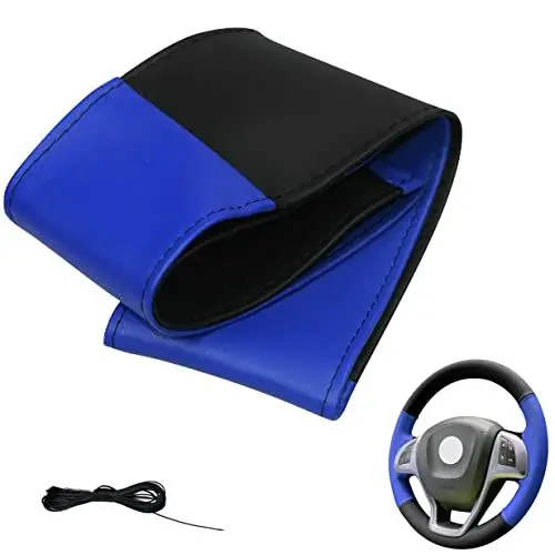 Produktbild: Lenkradbezug 4 Teilig Auto Lenkradhülle zum schnüren Nähen M5 Schwarz Blau Universalgrösse 37-39 cm