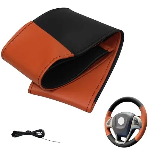 Produktbild: Lenkradbezug 4 Teilig Auto Lenkradhülle zum schnüren Nähen M5 Schwarz Orange Universalgrösse 37-39 cm