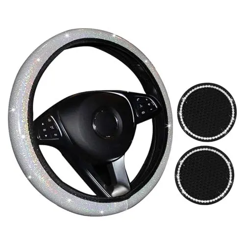 Produktbild: Lenkradbezug Glitzer，PU Bling Bling Leder Lenkradbezug, Autozubehör für Frauen, Auto Glitzernd Strasssteine, Elastische Dichtheit, Universal, rutschfest(White)