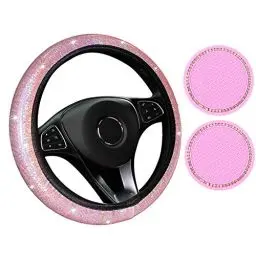 Produktbild: Lenkradbezug Glitzer，PU Bling Bling Leder Lenkradbezug, Autozubehör für Frauen, Auto Glitzernd Strasssteine, Elastische Dichtheit, Universal, rutschfest(Pink)