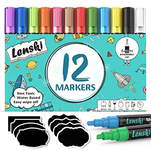 Produktbild: Lenski Einschulung Mädchen, 12 Kreidestifte für Tafel Abwaschbar, Stifte 6MM Kreidestifte für Fenster, Whiteboard Kreidemarker Fensterstifte Fenstermalstifte Tafelstifte Fensterkreide Glasmalstifte