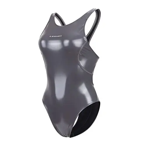 Produktbild: LEOHEX Kristall Diamant Starlight Einteiliger Badeanzug Glänzend Wetlook Enamel Bademode Slim Bodysuit Monokini Swimsuit(XL,Grau)