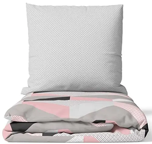 Produktbild: Leonado Vicenti 100% Baumwolle Bettwäsche Gestreift Raute Wendebettwäsche Grau Rosa atmungsaktive Wendebettwäsche Schlafzimmer Set Kissen Decke Bezug