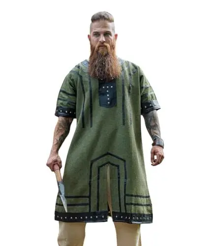 Produktbild: Leonardo Carbone® Wikinger Tunika Rollo - Mittelalter Hemd Herren, Freizeithemden Kurzarm, Karneval Kostüm Herren, Wikinger Tunika, LARP-Kleidung - 100% Baumwolle mit Leder Applikationen Grün XXL