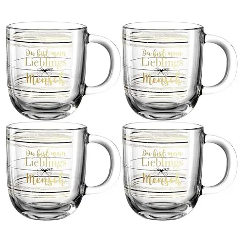 Produktbild: Leonardo Emozione Geschenk Tassen Lieblingsmensch, 4 Stück, spülmaschinengeeignete Glas-Tassen, Tee-Tassen mit goldenem Schriftzug, 400 ml, 046453