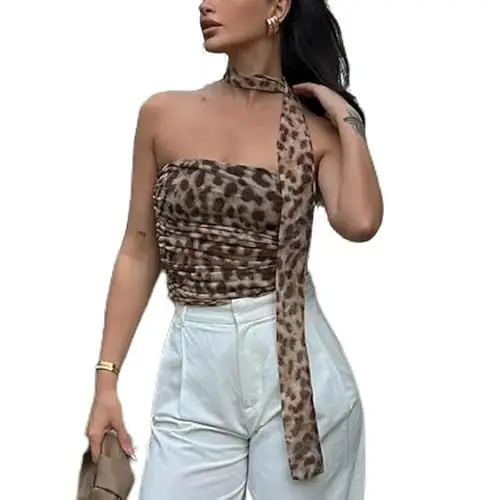 Produktbild: Leoparden Muster Mesh Sommer Crop Tops für Frauen Ruched Tube Tops Frau Sexy Backless Halter Tops Mode Strand aus der Schulter Oberteile Weibliche Crop Tube Tops