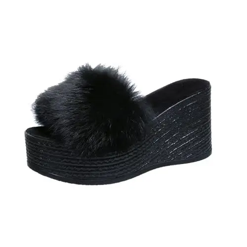 Produktbild: Mumuj OrthopädischE Pantoletten Hausschuhe Gäste Damen Plateau Hausschuhe mit Dicker Sohle und hohem Absatz aus Plüsch Sandalen Zehentrenner Damen Orthopedic Flip Flops (Black, 39)