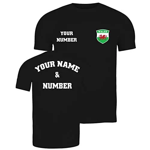 Produktbild: lepni.me Herren Personalisiertes Fußballtrikot Wales T-Shirt| Ihr Name und Ihre Nummer |Walisische Flagge Abzeichen | Fußball-Europameisterschaft (M Schwarz Mehrfarben)