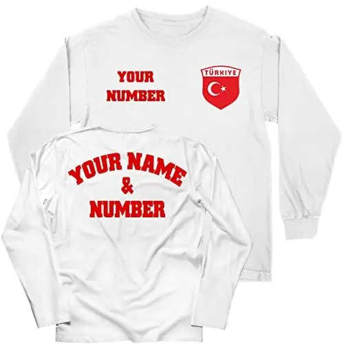 Produktbild: lepni.me Kinder personalisiertes Langarm-Fußballtrikot Türkei-T-Shirt | Name und Nummer | Türkei-Flagge, Abzeichen | Fußball-Europameisterschaft (5-6 Jahre Weiß Mehrfarben)