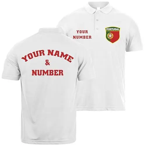 Produktbild: lepni.me Portugal-Fußball-Polo Shirt für Herren mit Namen Nummer | Portugiesische Flagge Abzeichen Personalisiertes Trikot Europameisterschaft (L Weiß Mehrfarben)