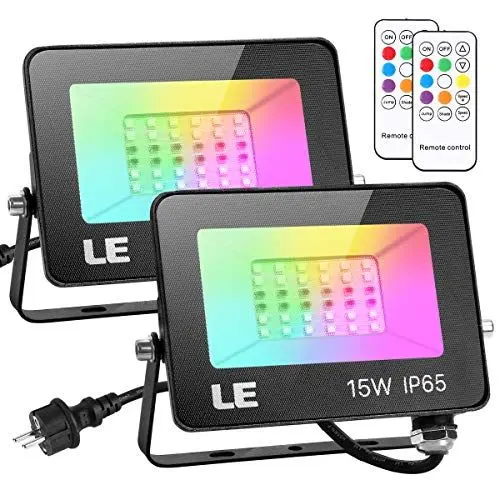 Produktbild: LE 15W LED Strahler RGB mit RF-Fernbedienung, 2er Wasserdicht LED Fluter mit Memory-Funktion, Dimmbar Farbwechsel Außenstrahler, IP65 Farbig Außenlampe, Bunt Flutlicht für Garten, Party Deko, Hotel