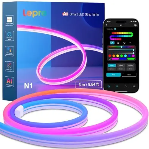 Produktbild: Lepro AI Neon LED Strip N1, 3m Neon LED Streifen mit App-Steuerung, DIY Shape,Musik Sync,funktioniert mit Alexa und Google Assistant, Neon Lichtband für Wohnzimmer,Wand Deko,Party,Gaming Schreibtisch