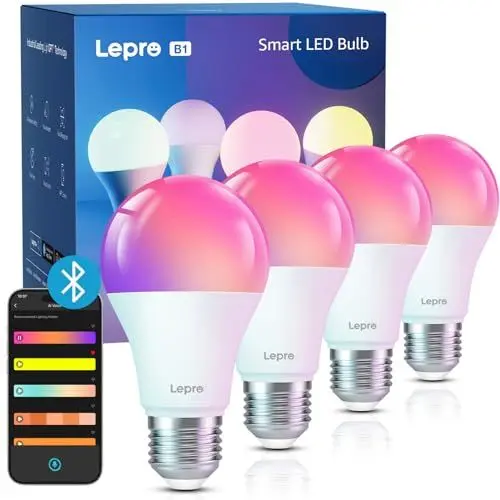 Produktbild: Lepro AI Smart Glühbirne E27, Alexa & Bluetooth Lampe B1, KI-Lichteffekt-Design, Musik Sync, AI Mimik-Erkennung RGB Smart Bulb, 806lm Mehrfarbige Birne, entspricht 60W, Kein Hub erforderlich, 4 Stück