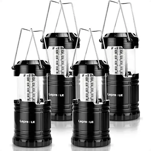 Produktbild: Lepro Camping Zubehör, Faltbare Campinglampe, Batteriebetrieben Camping Lampe, Zeltlampe zum Aufhängen, geeignet für Angeln, Abenteuer, Wandern, Notfall, Ausfälle usw, 4er Pack
