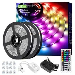 Produktbild: Lepro LED Strip 10M(2x5M) RGB Set, 5050 SMD 300 LEDs Streifen, 12V, LED Band Selbstklebend, Flexibel Lichtband, Lichterkette IP20, LED Leiste Kette Dimmbar, Netzteil und Controller enthalten