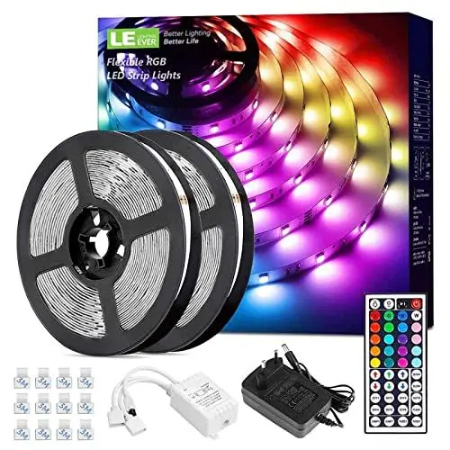 Produktbild: Lepro LED Strip 10M(2x5M) RGB Set, 5050 SMD 300 LEDs Streifen, 12V, LED Band Selbstklebend, Flexibel Lichtband, Lichterkette IP20, LED Leiste Kette Dimmbar, Netzteil und Controller enthalten