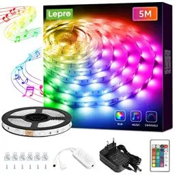 Produktbild: Lepro LED Strip 5M, LED Streifen Musik Lichterkette mit Fernbedienung, 5050 SMD 150 LEDs Band Lichter, RGB Dimmbar Lichtleiste Light, Lichtband Leiste, Bunt Kette Stripes für Party Weihnachten Deko