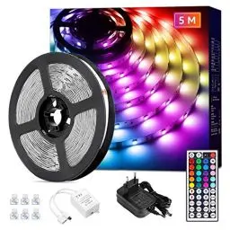 Produktbild: Lepro LED Strip 5M RGB Set, 5050 SMD 150 LEDs Streifen, 12V, LED Band Selbstklebend, Flexibel LED Lichtband, LED Lichterkette IP20, Bunt LED Leiste Kette Dimmbar, Netzteil und Controller enthalten
