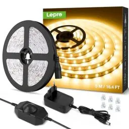 Produktbild: Lepro LED Strip 5M, Warmweiß 3000K Dimmbar, 300 LEDs, 12V Selbstklebend, IP20 Band, Flexible DIY Leiste, Lichtband Kette Mit Netzteil für Innen Küche Dekoration