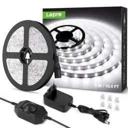 Produktbild: Lepro LED Strip Kaltweiß 5M, LED Streifen Kaltweiss 6000K Dimmbar, 300 LEDs, 12V Selbstklebend, IP20 LED Band, Weiß Flexible DIY Leiste, LED Lichtband Kette mit Netzteil für Innen Küche Dekoration