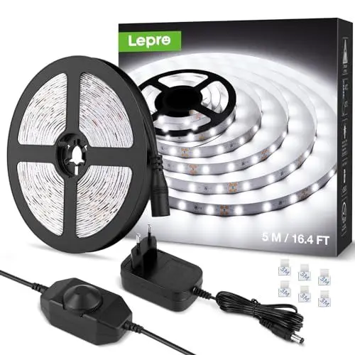 Produktbild: Lepro LED Strip Kaltweiß 5M, LED Streifen Kaltweiss 6000K Dimmbar, 300 LEDs, 12V Selbstklebend, IP20 LED Band, Weiß Flexible DIY Leiste, LED Lichtband Kette mit Netzteil für Innen Küche Dekoration
